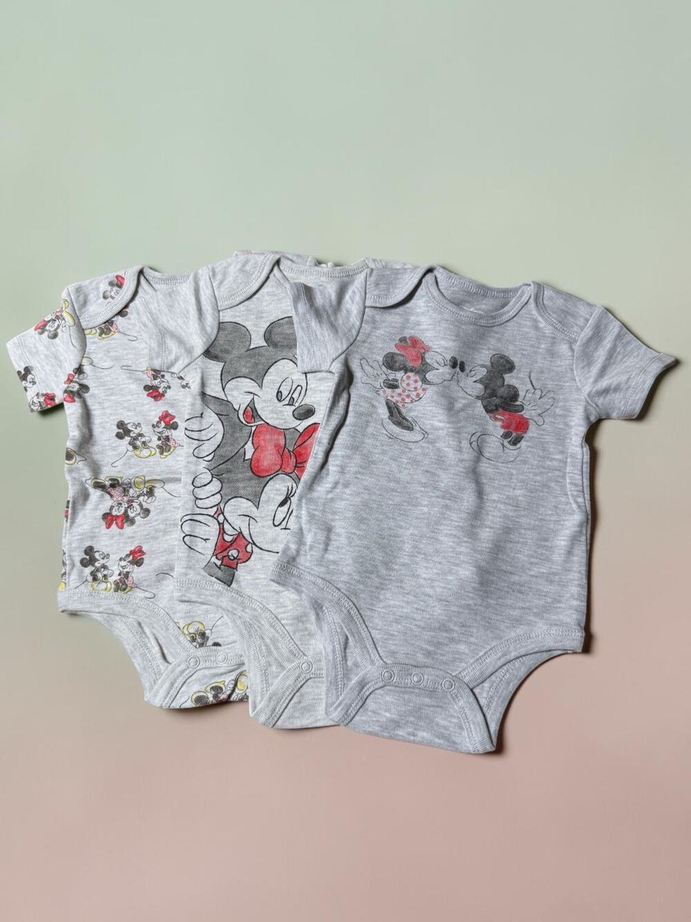 NWT Disney Baby Mickey Minnie Mouse 3-Pack Bodysuits 6-9M Gray Unisex